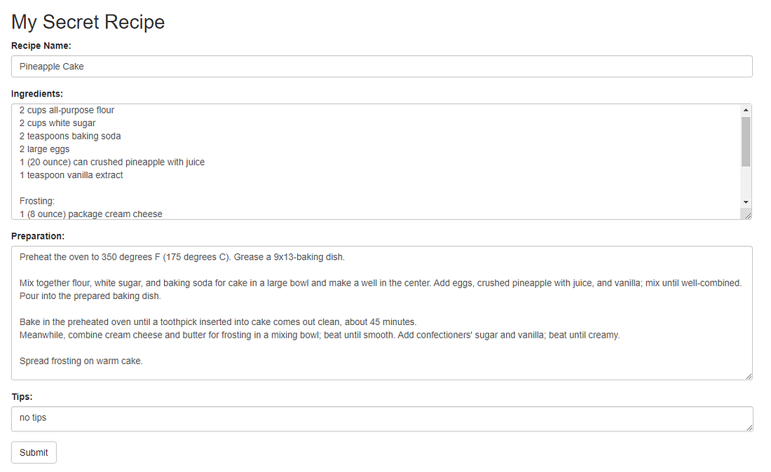 Simple recipe submission form titled My Secret Recipe
