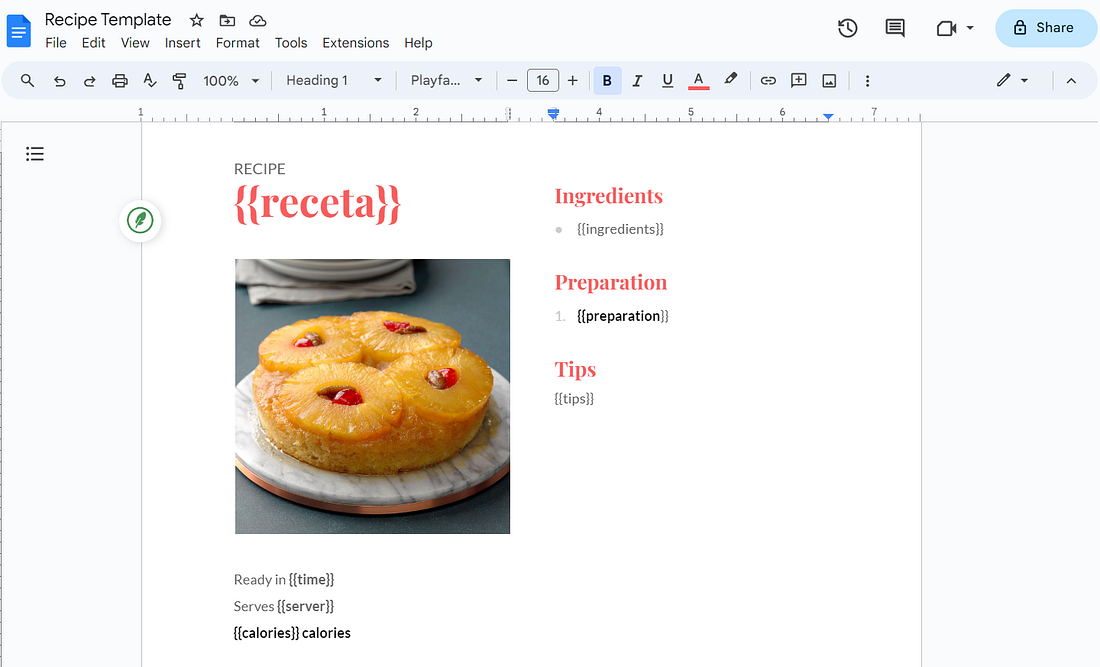 Google Docs recipe template with double-curly-brace variable placeholders