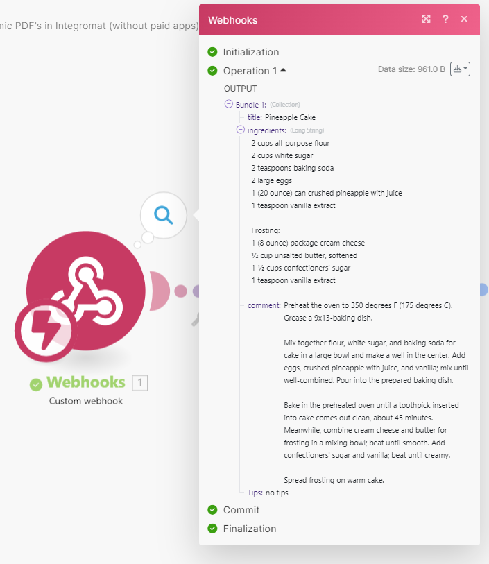 Webhook output data received in the Integromat scenario