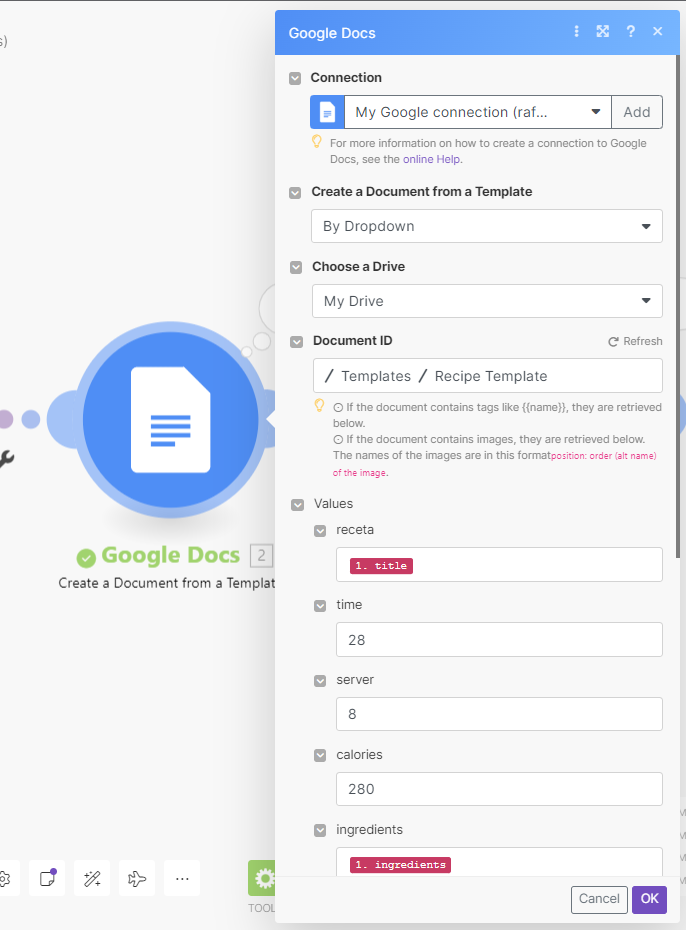 Google Docs Create a Document from a Template module with mapped values