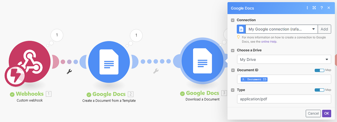 Google Docs Download a Document module set to application/pdf