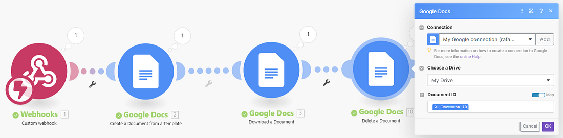 Google Docs Delete a Document module configuration