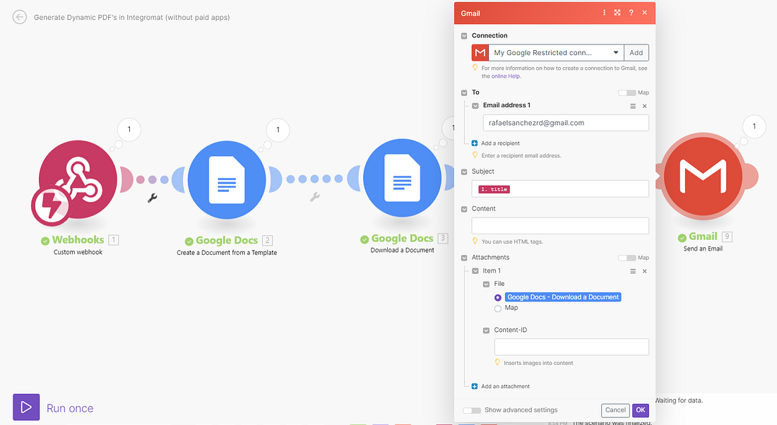 Gmail Send an Email module with the generated PDF as attachment