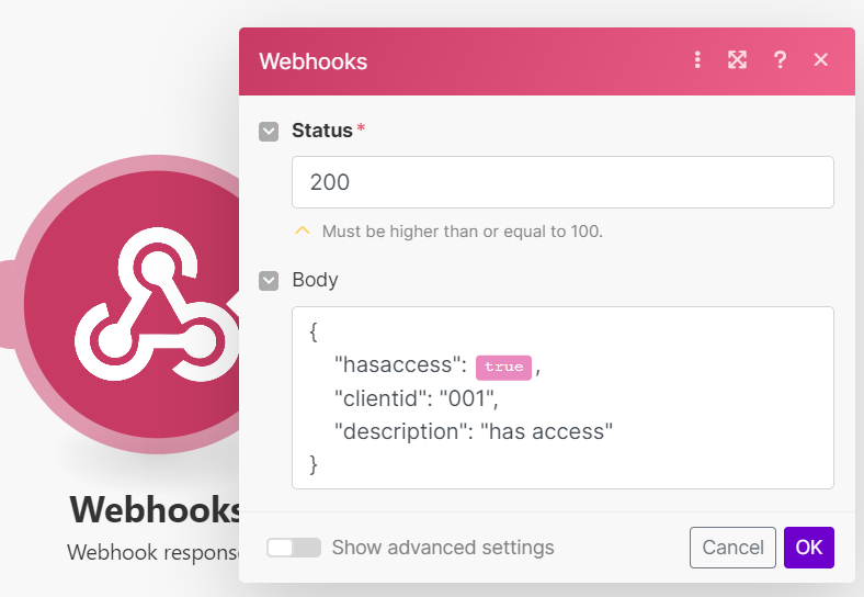 Webhook Response module configured with a JSON body in Make.com