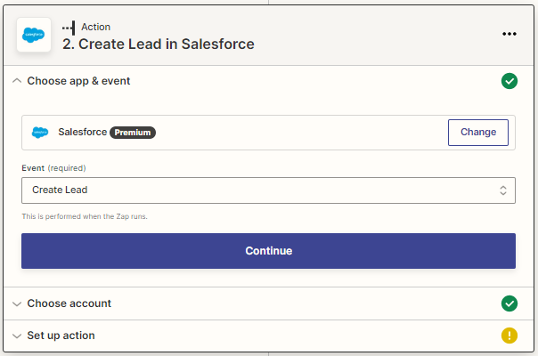 Choosing the Create Lead event in the Salesforce action
