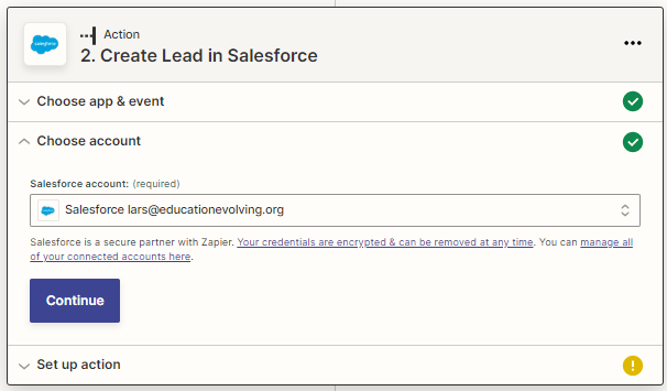 Selecting the connected Salesforce account