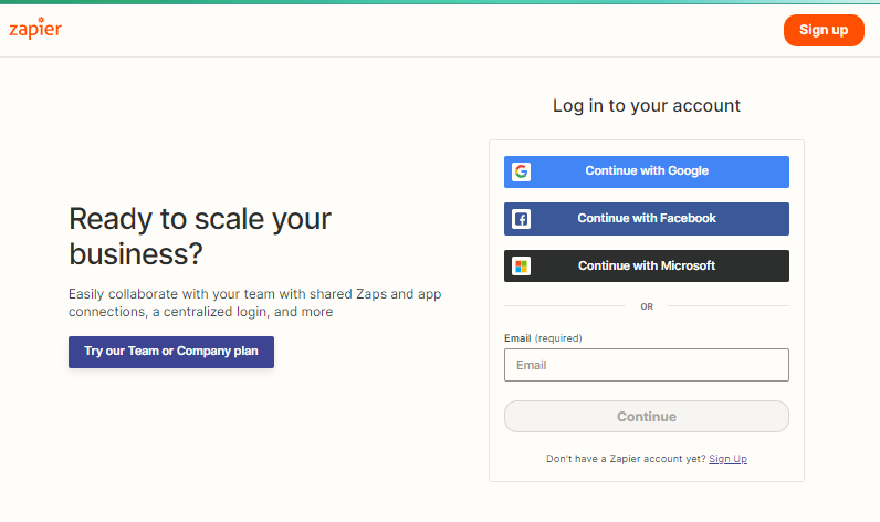 Zapier login screen