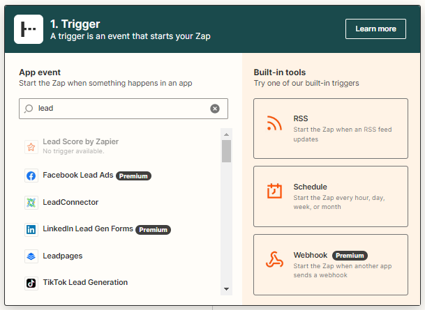Selecting Facebook Lead Ads as the Zap trigger app