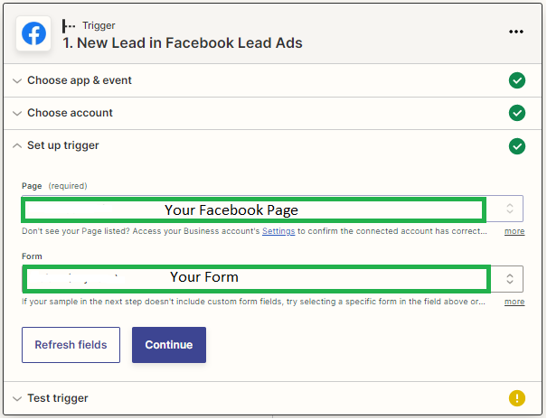 Configuring the Facebook Lead Ads trigger: account, page and form