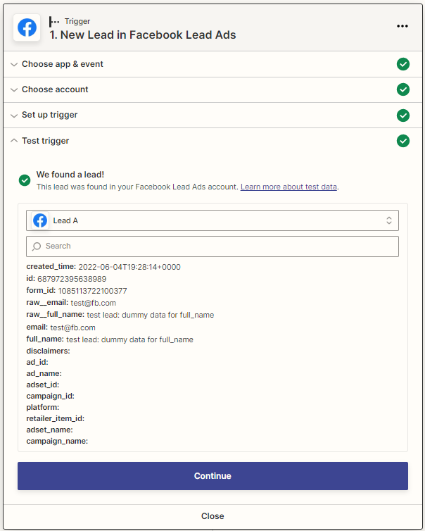 Testing the Facebook Lead Ads trigger and finding the new lead