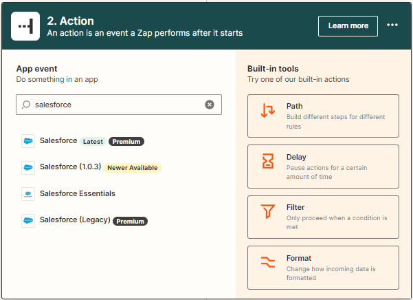 Choosing Salesforce as the action app