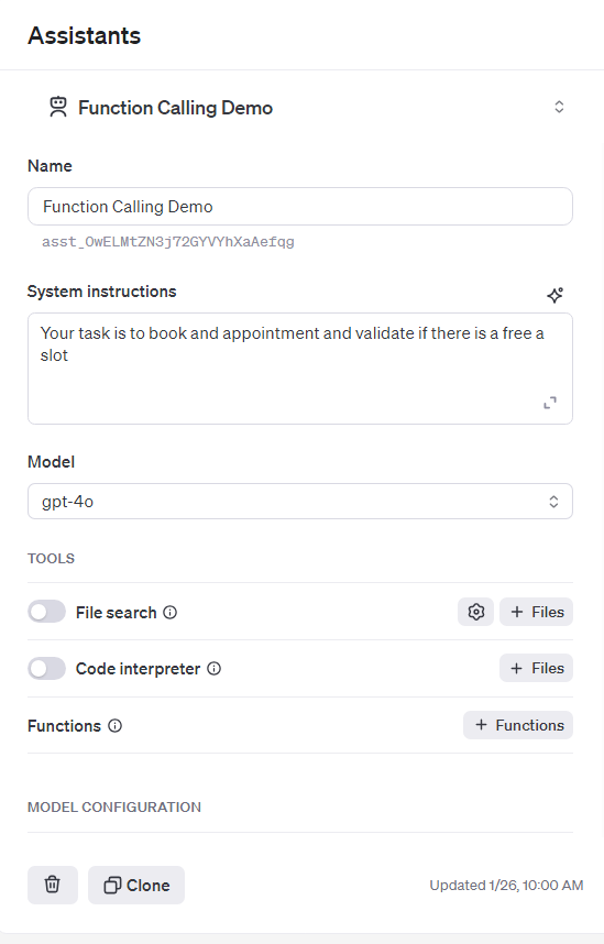 OpenAI Assistant created with a simple booking prompt