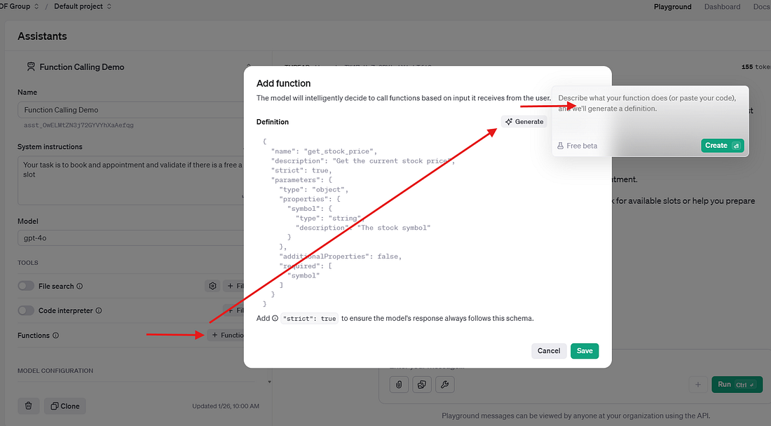 Function schema in JSON format in the OpenAI Assistant editor