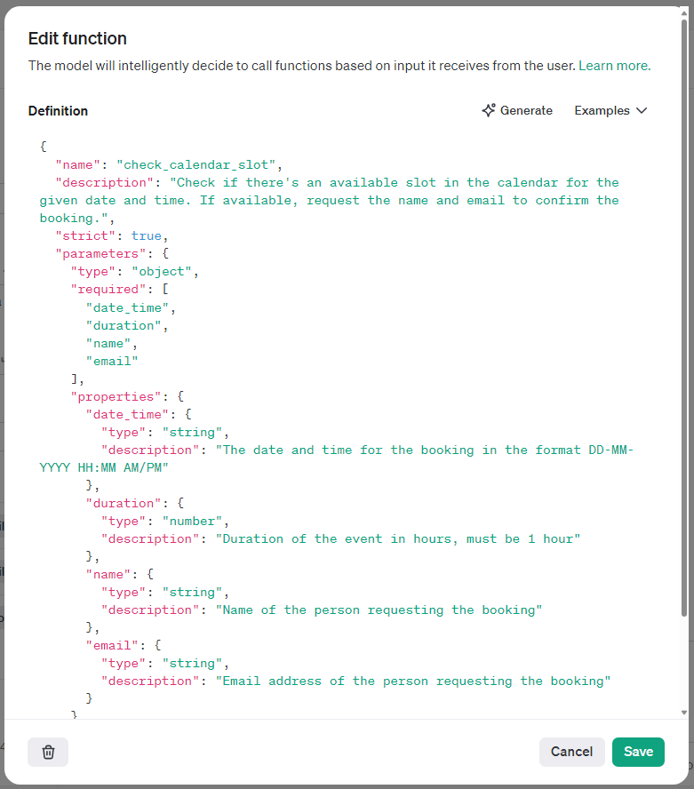 Function definition description box in the OpenAI Assistant