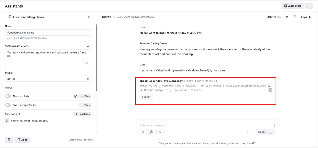 Testing function calling in the OpenAI playground