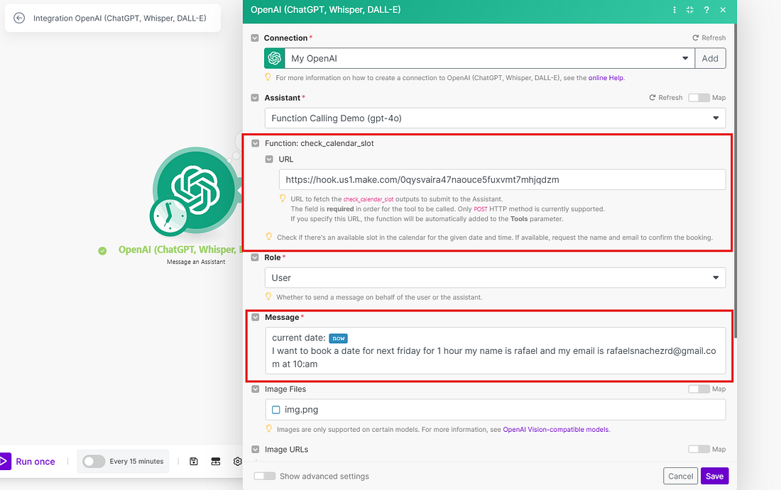 Scenario 2 in Make — the OpenAI Assistant with function and URL parameter