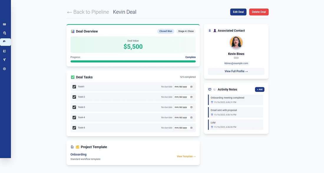 SimplifyCRM activity notes section attached to a deal