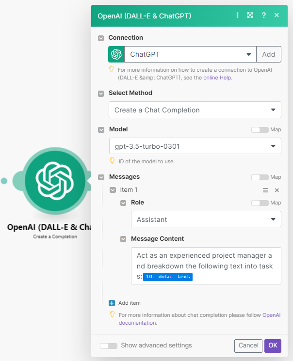 ChatGPT module prompt configuration